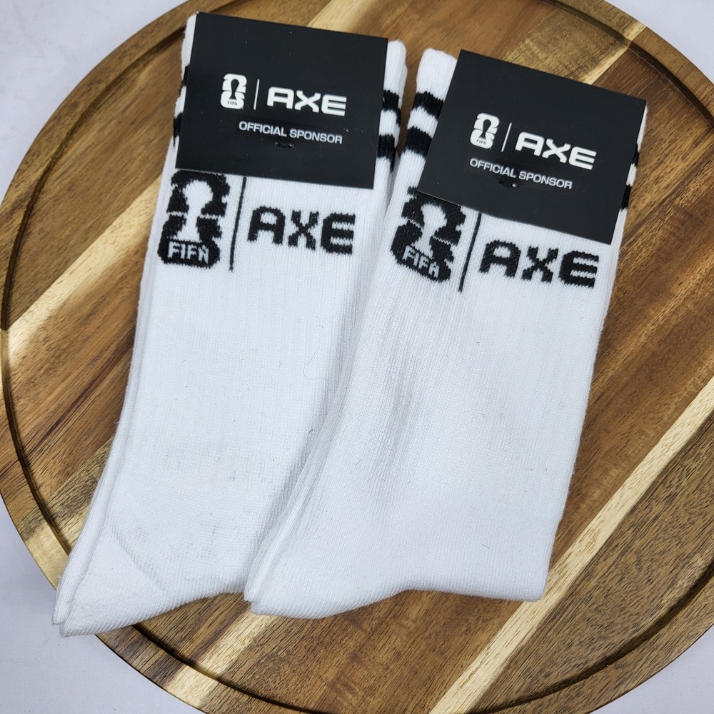 AXE Crew Socks Mens 8-12 White New FIFA Official Sponsor Striped 2 Pairs